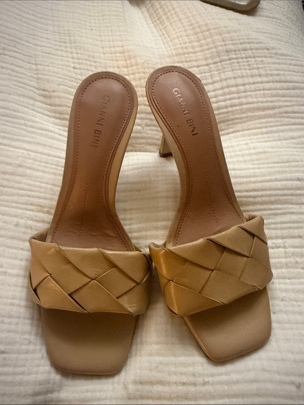 Gianni Bini Tan Woven Slide Heel Mules